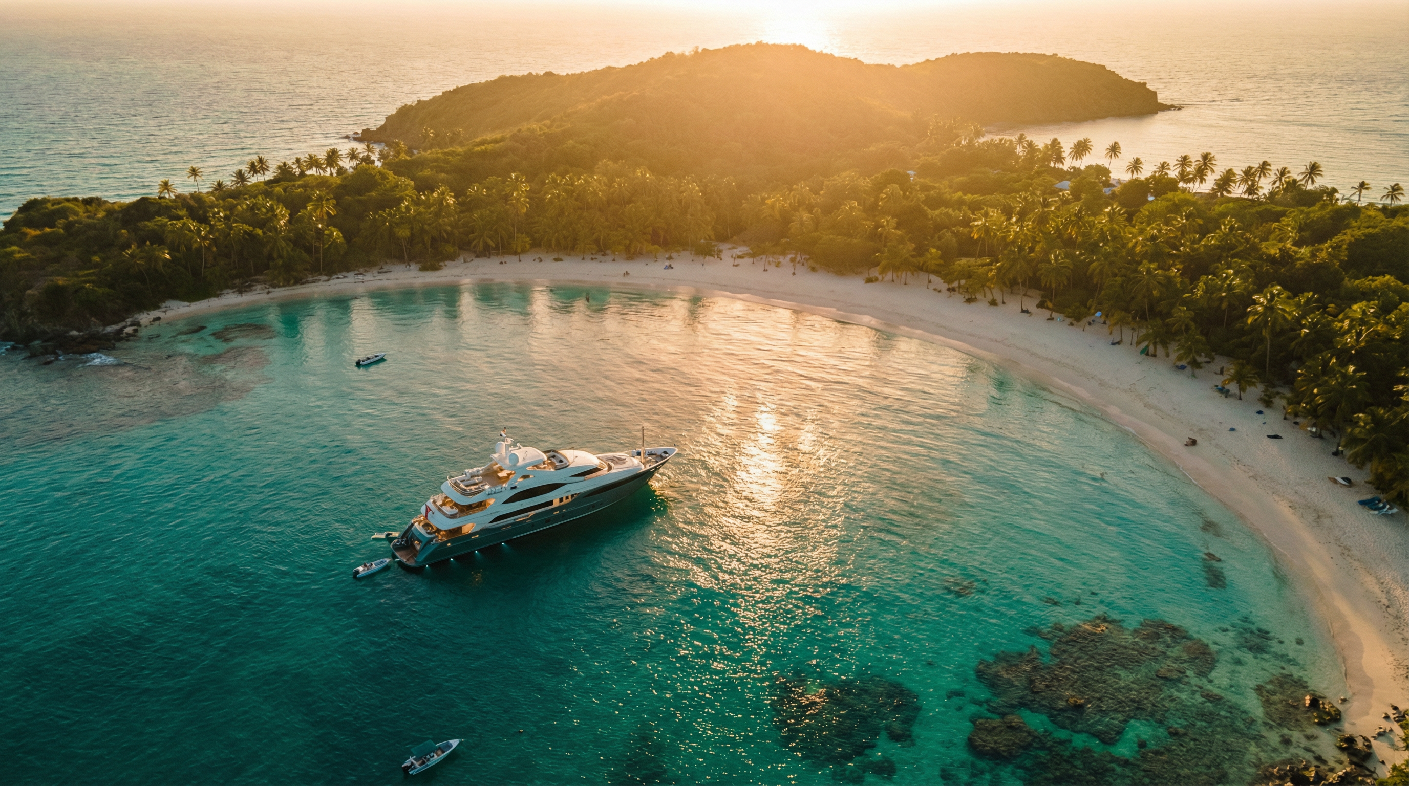Aerial view of a luxury yacht anchored in pristine turquoise Caribbean waters at golden hour